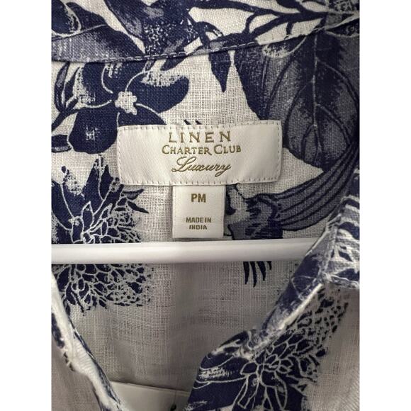 Charter Club Blue White Floral Linen Button Front Top Sz Petite M - Picture 4 of 9